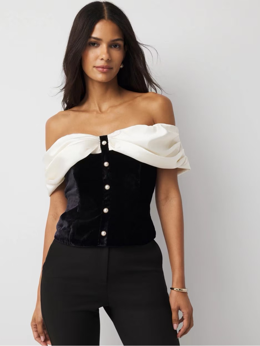 White House Black Market Velvet Corset Top with Satin Cowl Neck